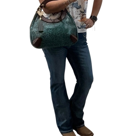 Artesanal Hand Tooled & Painted Vegan Leather Handbag Clutch Brown Turquoise - Picture 15 of 15